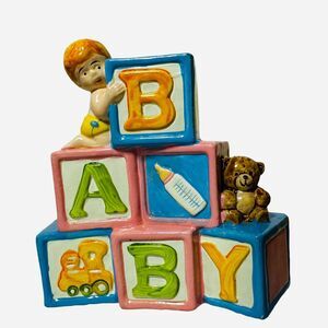 Vintage Enesco Alphabet Block Teddy Bear Baby Bottle Ceramic Coin Bank 1984